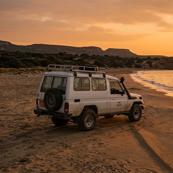Jeep silhouette on empty Lara Bay beach at golden hour