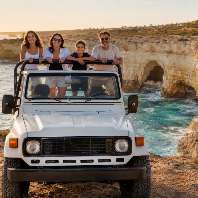 Safari jeep parked above the Sea Caves rock arch near Peyia