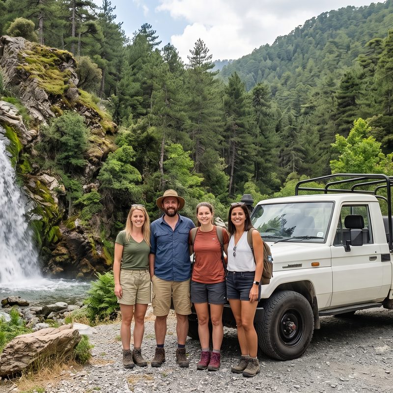 White jeep beside a waterfall in the Troodos mountains